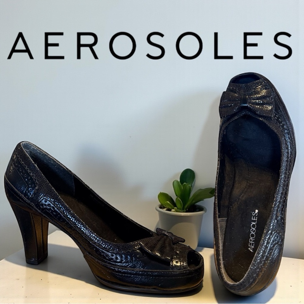 Aerosoles Bentwood Black Shiny Snakeskin Embossed Bow Peep-Toe Oxford Heels Shoe